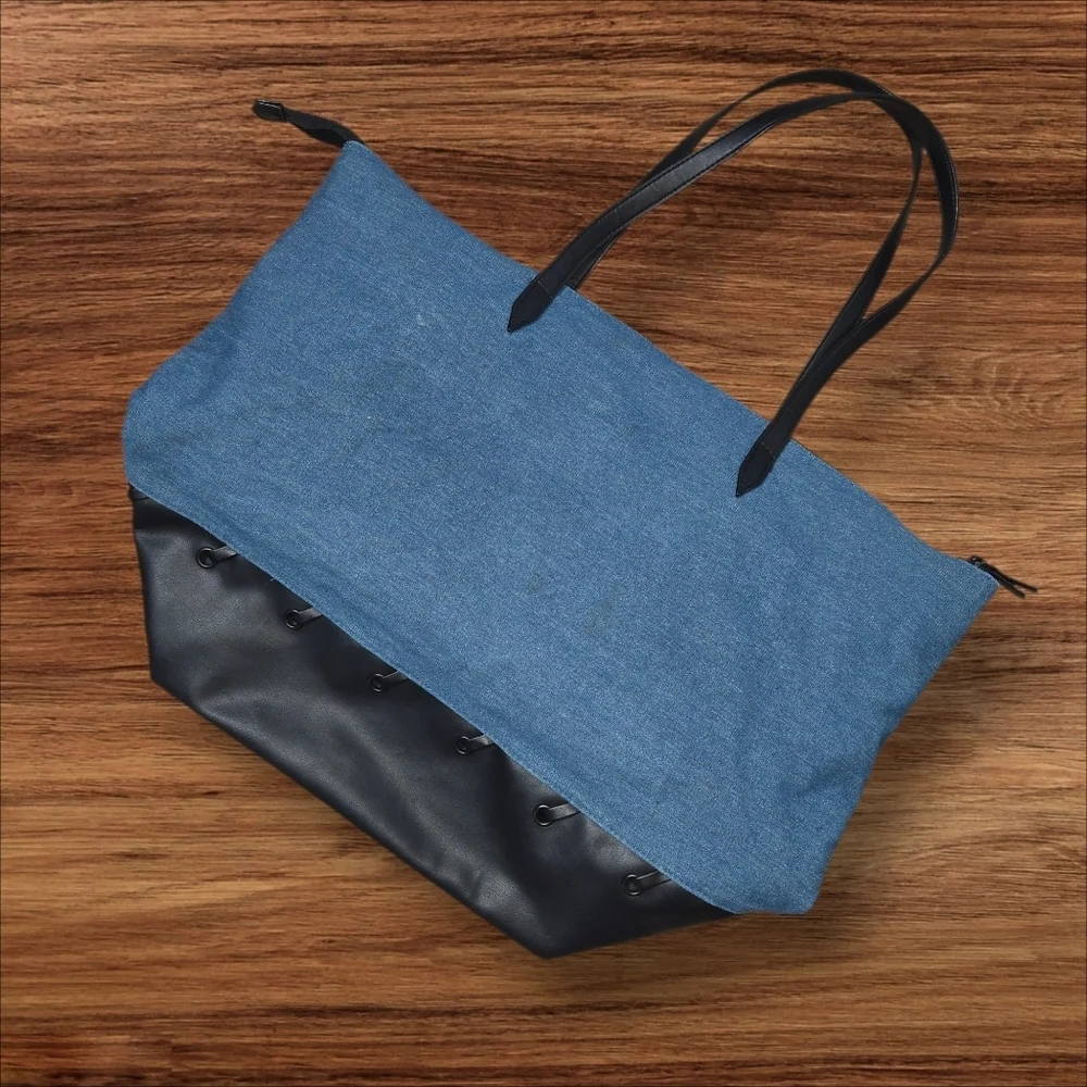 Victoria's Secret Blue Denim And Faux Black Leather Large Black Tote Bag